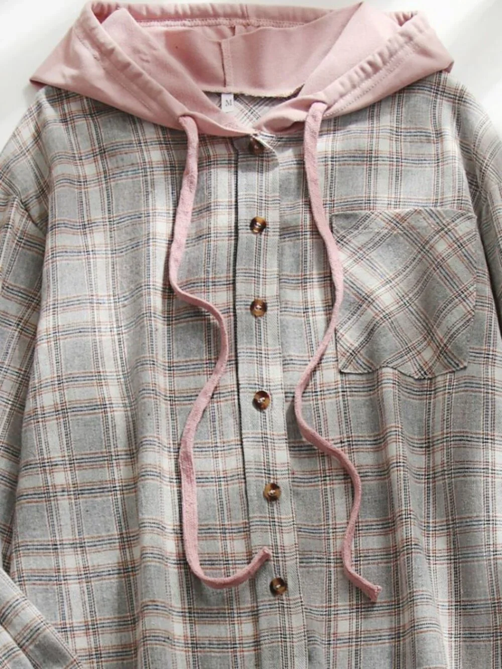 Women's Gray Plaid Hooded Shirt Casual Long Sleeve Top